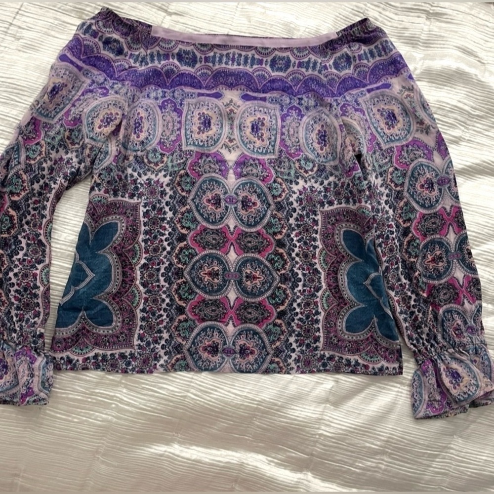 Nanette Lepore Women Blouse Size 6 Purple Silk Colorful Scarf Print Ruffle Cuff